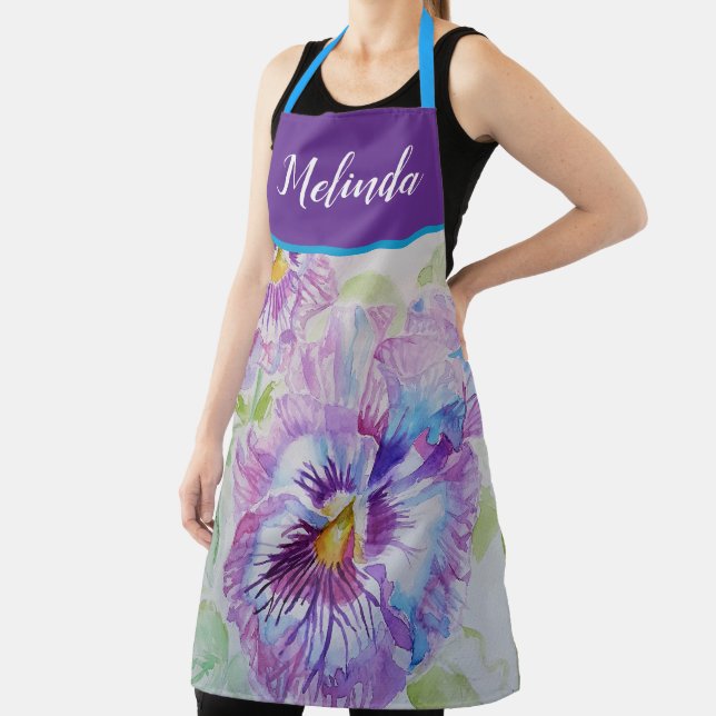 Pretty Floral Pastel Pansy Purple Watercolor Apron (Insitu)