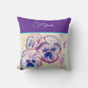 Pretty Floral Pastel Pansy Purple Watercolor  Cushion