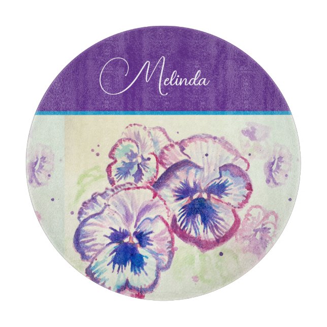 Pretty Floral Pastel Pansy Purple Watercolor Cutting Board (Front)