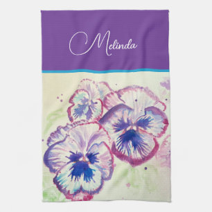 Pretty Floral Pastel Pansy Purple Watercolor  Tea Towel