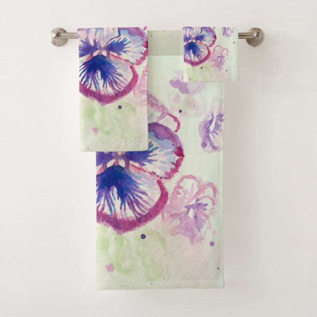 Pretty Floral Pastel Pansy Purple Watercolor Towel (Insitu)