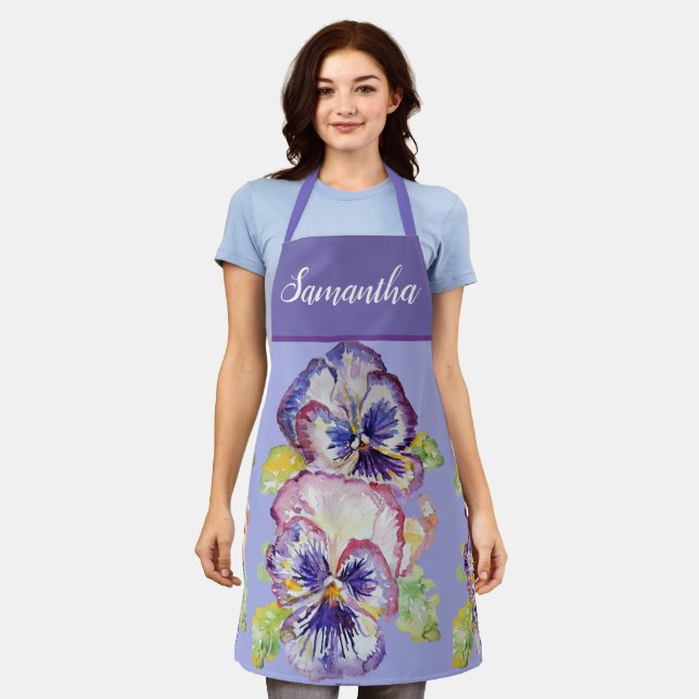 Pretty Floral Pastel Pansy Purple Womans Art Apron (Worn)