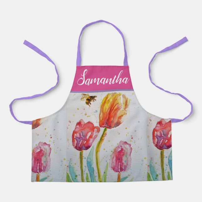 Pretty Floral Pastel Tulip Pink Bee Womans Apron (Front)