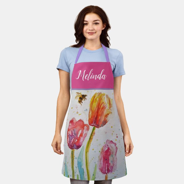 Pretty Floral Pastel Tulip Pink Bee Womans Apron (Worn)