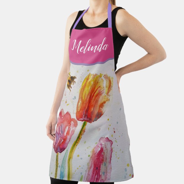 Pretty Floral Pastel Tulip Pink Bee Womans Apron (Insitu)