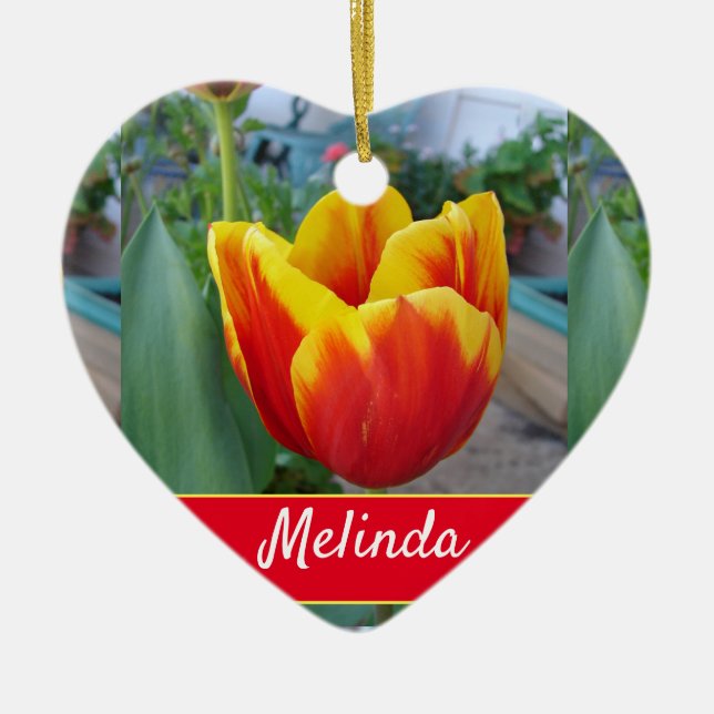 Pretty Floral Pastel Tulip Red Womans Ceramic Tree Decoration (Front)