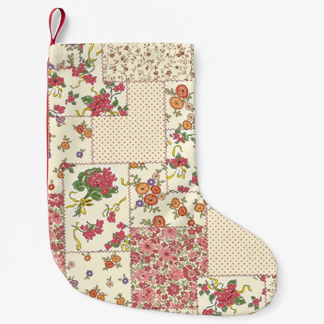 Pretty Floral Patchwork Seamless Design Small Christmas Stocking (Front)