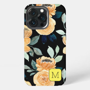 Pretty floral pattern Black Beige Blue Initial iPhone 13 Pro Case