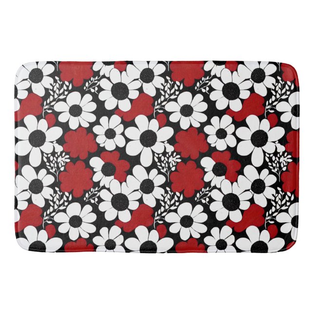 Pretty Floral Pattern in Red, Black and White Bath Mat (Front)