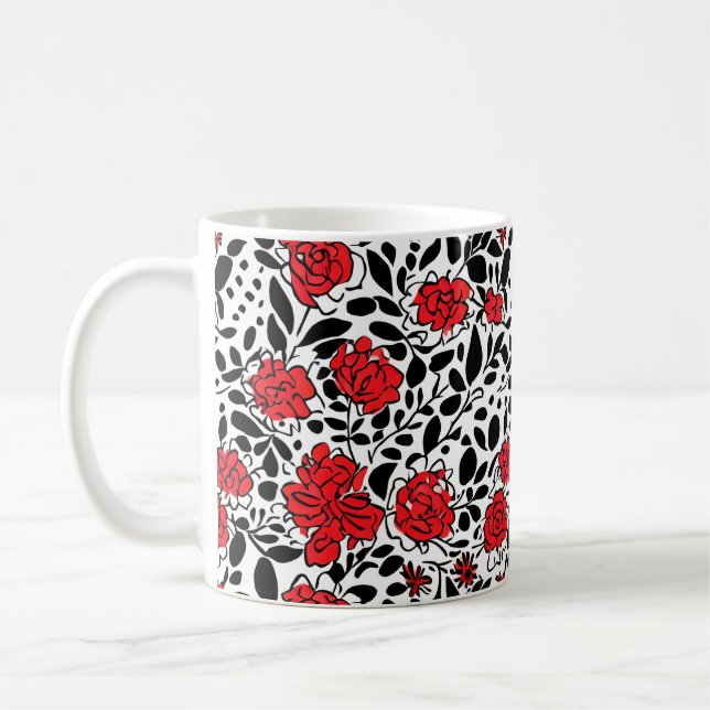 Pretty Floral Pattern in Red, Black and White Coffee Mug (Left)
