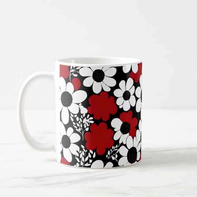 Pretty Floral Pattern in Red, Black and White Coffee Mug (Left)