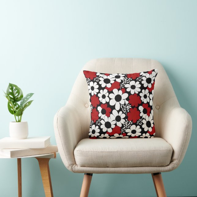 Pretty Floral Pattern in Red, Black and White Cushion (Chair)