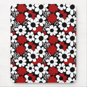 Pretty Floral Pattern in Red, Black and White Mouse Mat