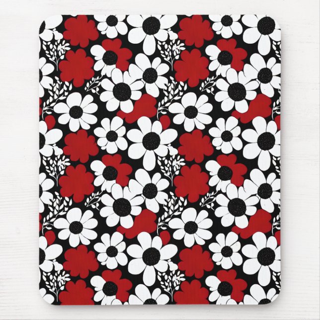Pretty Floral Pattern in Red, Black and White Mouse Mat (Front)