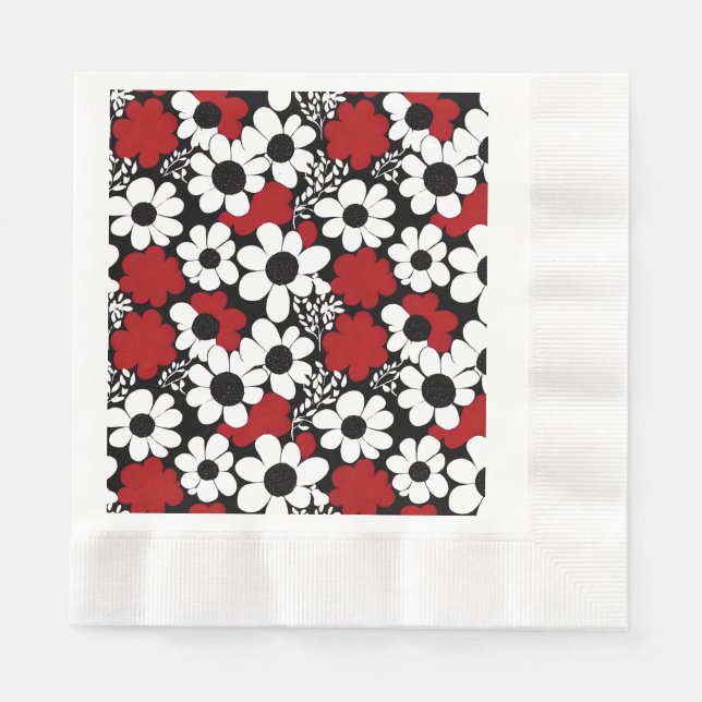 Pretty Floral Pattern in Red, Black and White Napkin (Front)