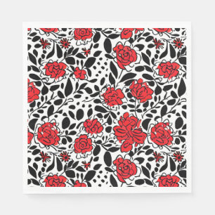 Pretty Floral Pattern in Red, Black and White Napkin