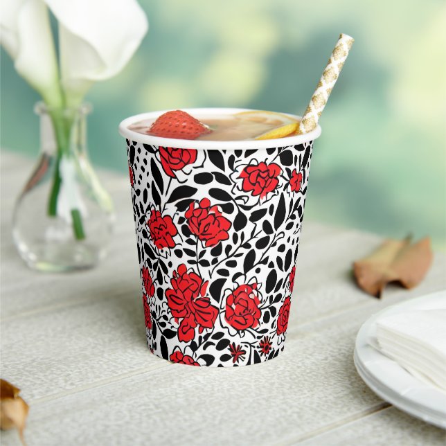 Pretty Floral Pattern in Red, Black and White Paper Cups (Insitu)
