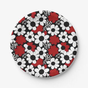 Pretty Floral Pattern in Red, Black and White Paper Plate
