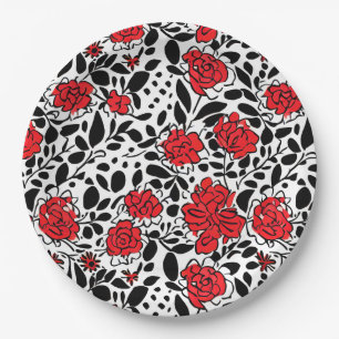 Pretty Floral Pattern in Red, Black and White Paper Plate