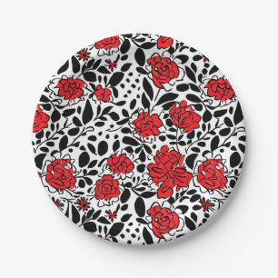 Pretty Floral Pattern in Red, Black and White Paper Plate