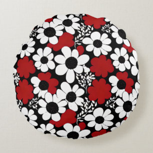 Pretty Floral Pattern in Red, Black and White Round Cushion