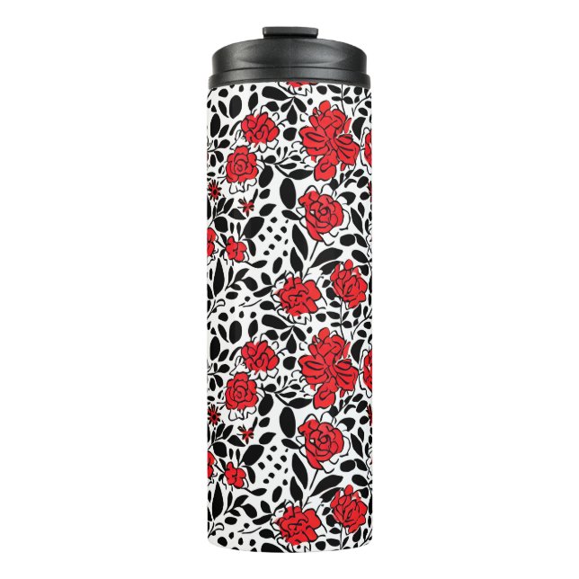 Pretty Floral Pattern in Red, Black and White Thermal Tumbler (Front)