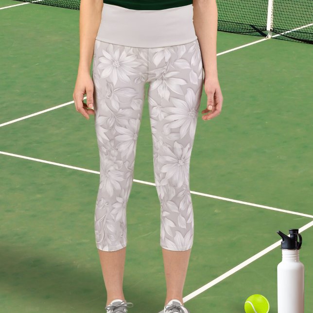 Pretty Floral Pattern Natural White Flower Elegant Capri Leggings (Elegant sporty cropped leggings with white and pale taupe floral pattern)