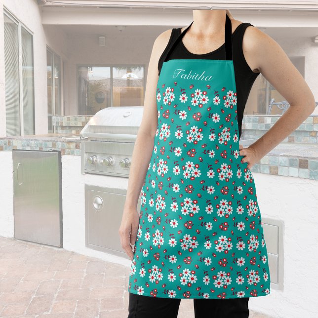 Pretty Floral Pattern on Aqua Personalised Apron (Creator Uploaded)