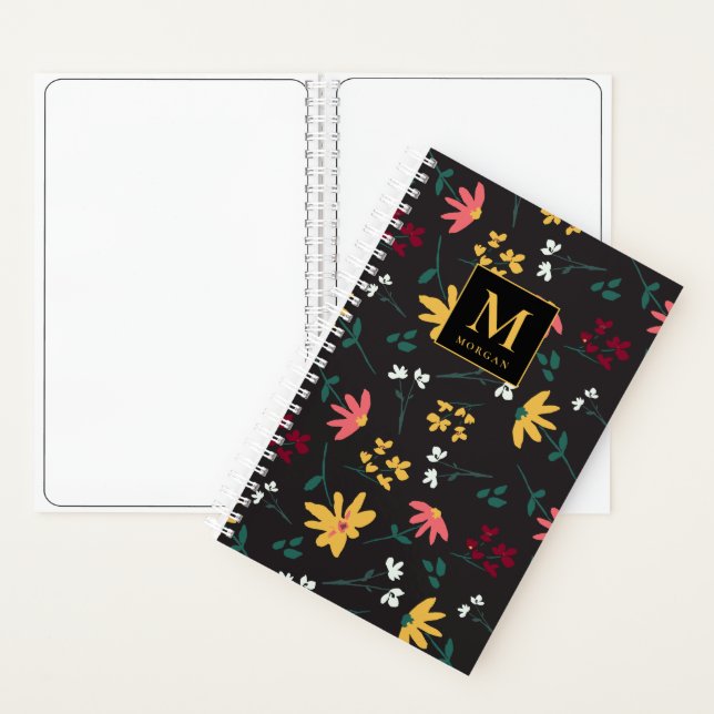Pretty Floral Pattern on Black Personalised Sketch Notebook (Inside)