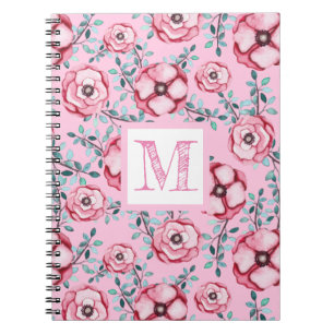 Pretty Floral Pattern Pink Monogram  Notebook