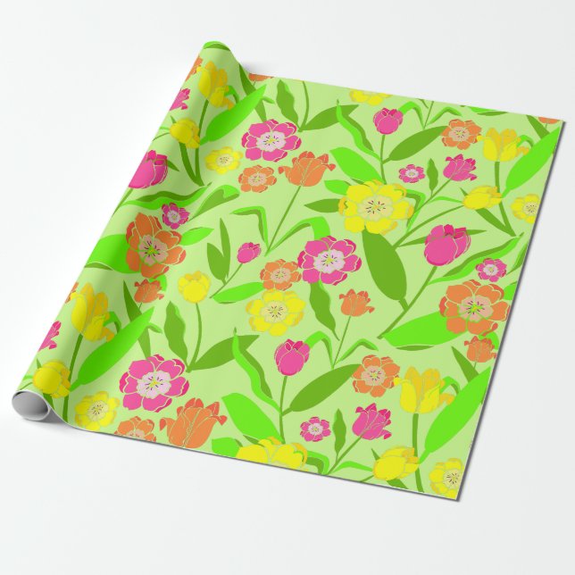 Pretty Floral Pattern, Tulips and Flowers Wrapping Paper (Unrolled)