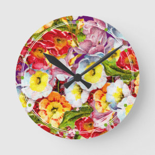 Pretty Floral Pattern Vintage Girly Teal Primrose Round Clock