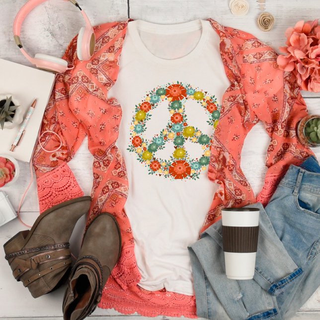 Pretty Floral Peace Sign Fun Retro Inspirivity T-Shirt (Creator Uploaded)