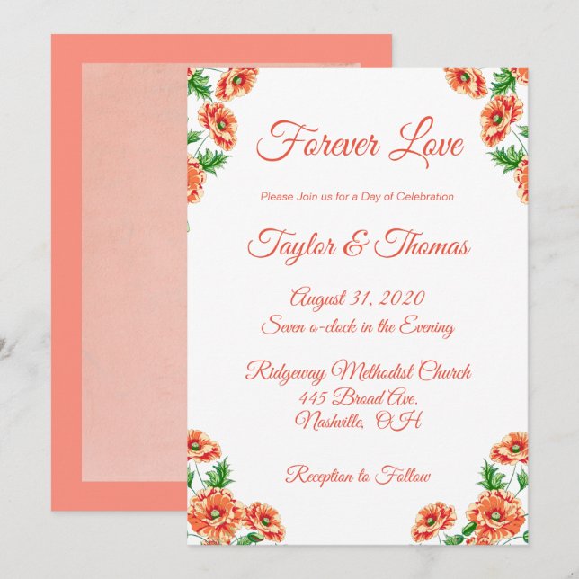 Pretty Floral Peach | Orange Script Wedding Invitation (Front/Back)