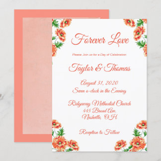 Pretty Floral Peach | Orange Script Wedding Invitation