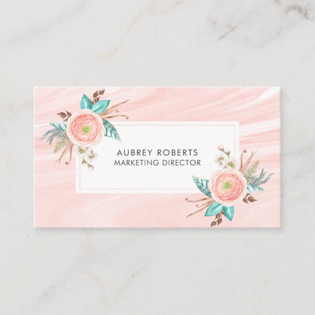 Pretty Floral Peach Watercolor Professional Business Card (Front)