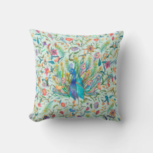 Pretty Floral Peacock Cushion
