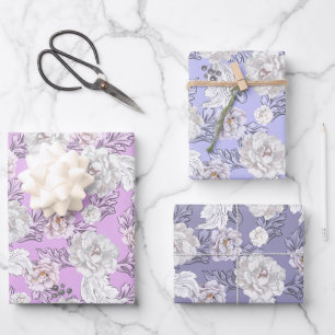 Pretty floral peonies and leaves blue gift wrap