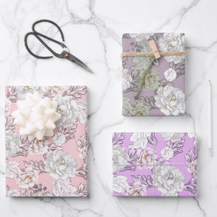 Pretty floral peonies and leaves gift wrap
