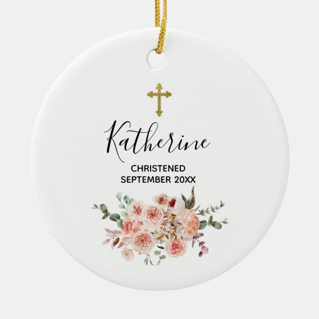 Pretty Floral Personalised Christening Baby Girl  Ceramic Tree Decoration (Front)