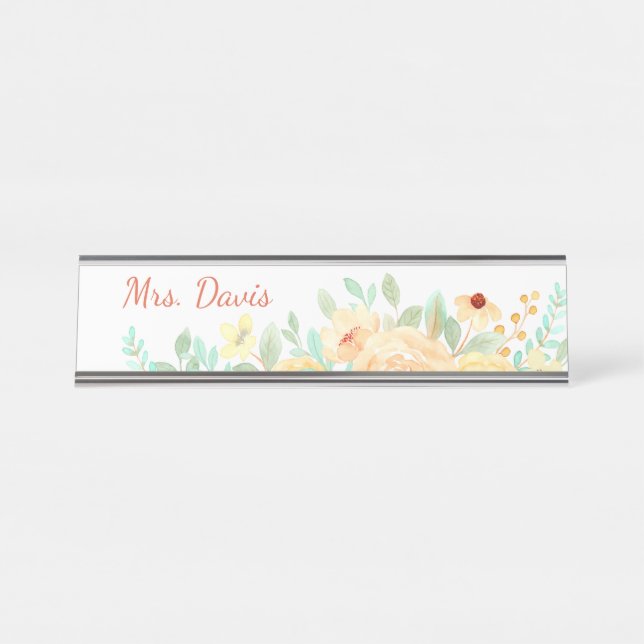 Pretty Floral Personalised Gift Teachers Business  Desk Name Plate (Front)