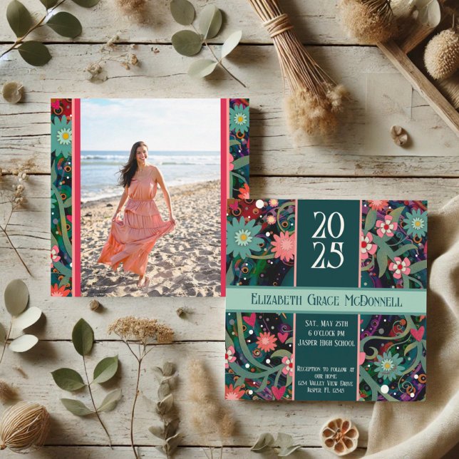 Pretty Floral Photo Unique Graduation Customisable Invitation (Creator Uploaded)