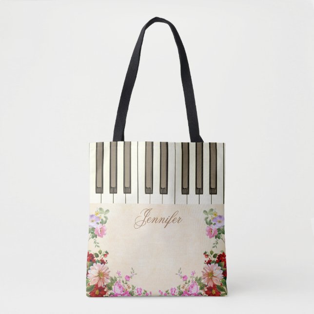 Pretty Floral Piano Music Tote Bags (Front)