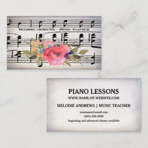 Pretty Floral Piano Teacher Vintage Sheet of Music Business Card