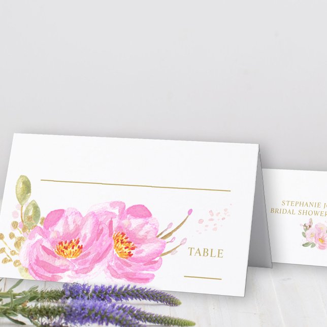 Pretty Floral Pink and Gold Folded Place Card (Table Place Cards from my Pink and Gold Watercolor Floral Collection)