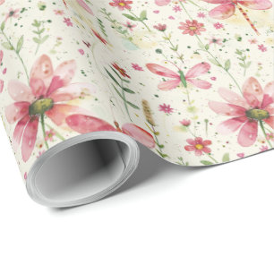 Pretty Floral Pink Dragonfly Gift Wrapping Paper