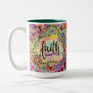 Pretty Floral Pink FAITH Inspiring Two-Tone Coffee Mug