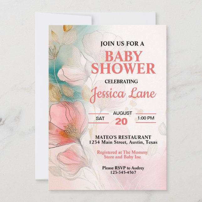Pretty Floral Pink Girl Baby Shower Invitation (Front)
