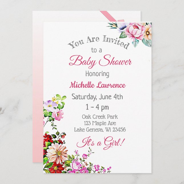 Pretty Floral Pink Girl's Baby Shower Invitation (Front/Back)