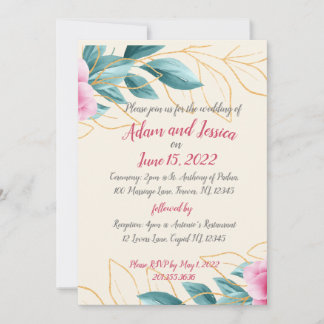 Pretty Floral Pink Gold Wedding  Invitation